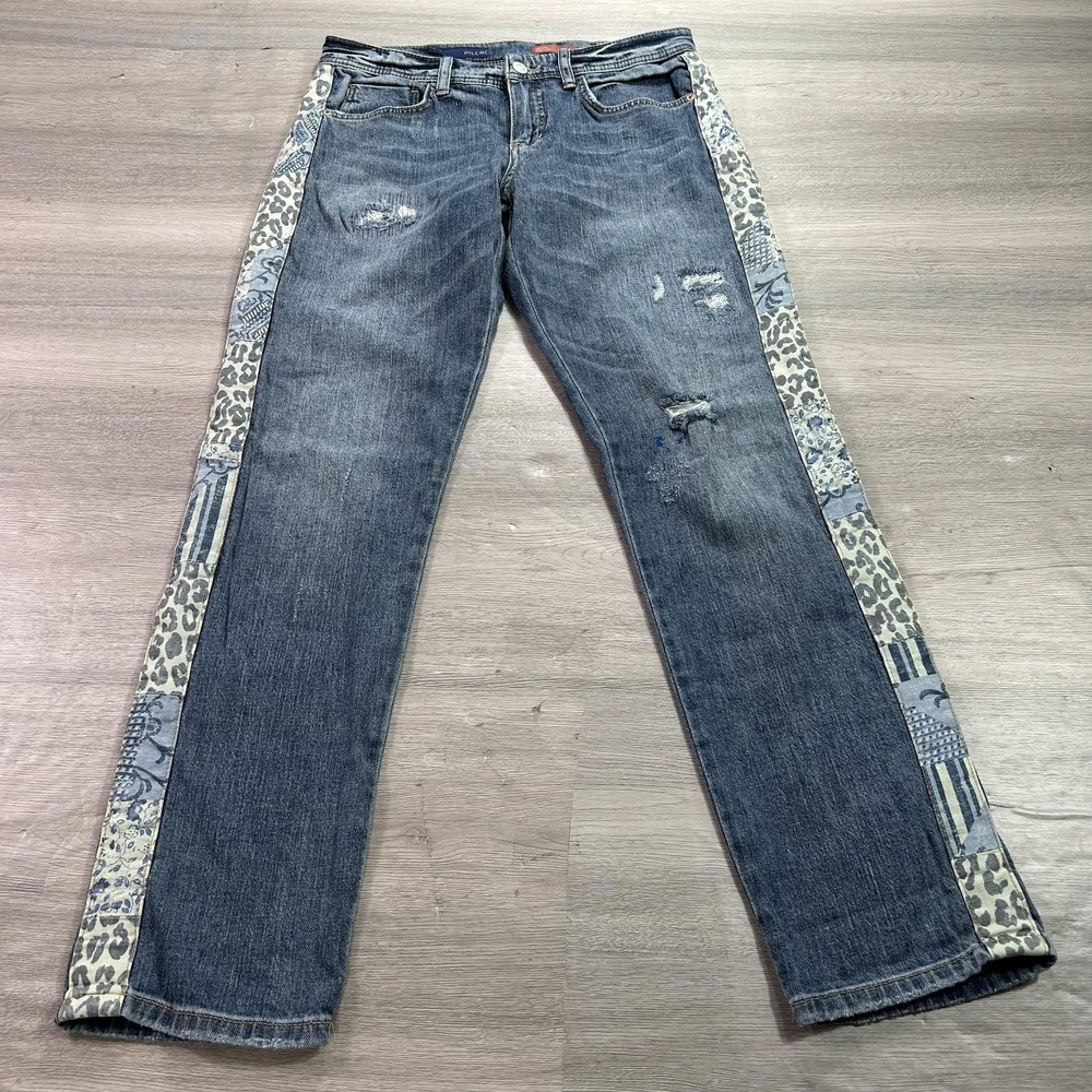 Pilcro Jeans Womens 26 Blue‎ Patchwork Side Stripe Distressed Straight Leg Denim